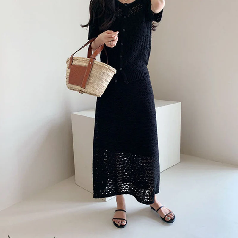 

2021 New Hollow Out Knitted Two Piece Summer Set Women Top And Skirt Office Ladies Elegant 2 Piece Sets Womens Outfits Korean