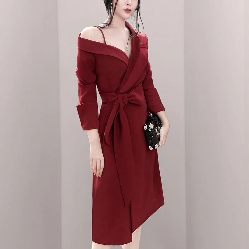 Женское асимметричное платье макси Spri красное офисное миди с длинными рукавами и