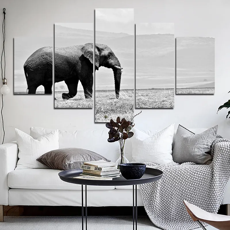 

Hot Selling 5pcs Photography Natural Landscape Grassland Elephant Animal HD Waterproof Ink Printed Canvas Home Decoration Poster