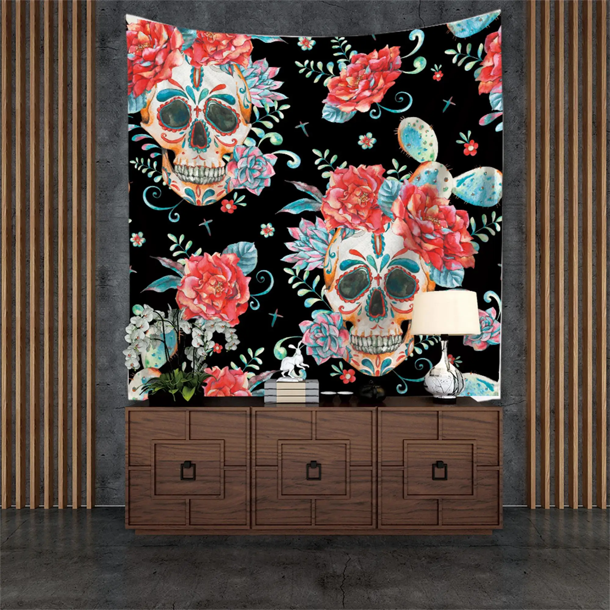 

Silstar Tex Indian Mandala Tapestry Colored Skull With Flowers Halloween Wall Hanging Decor Tapestry Throw Blanket