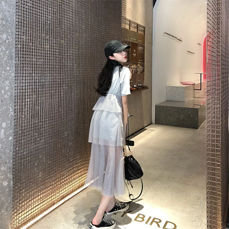 

spring summer hot chic sweet style short sleeve dress o-neck patchwork mesh knee-length empire straight Women's Clothing Dresses