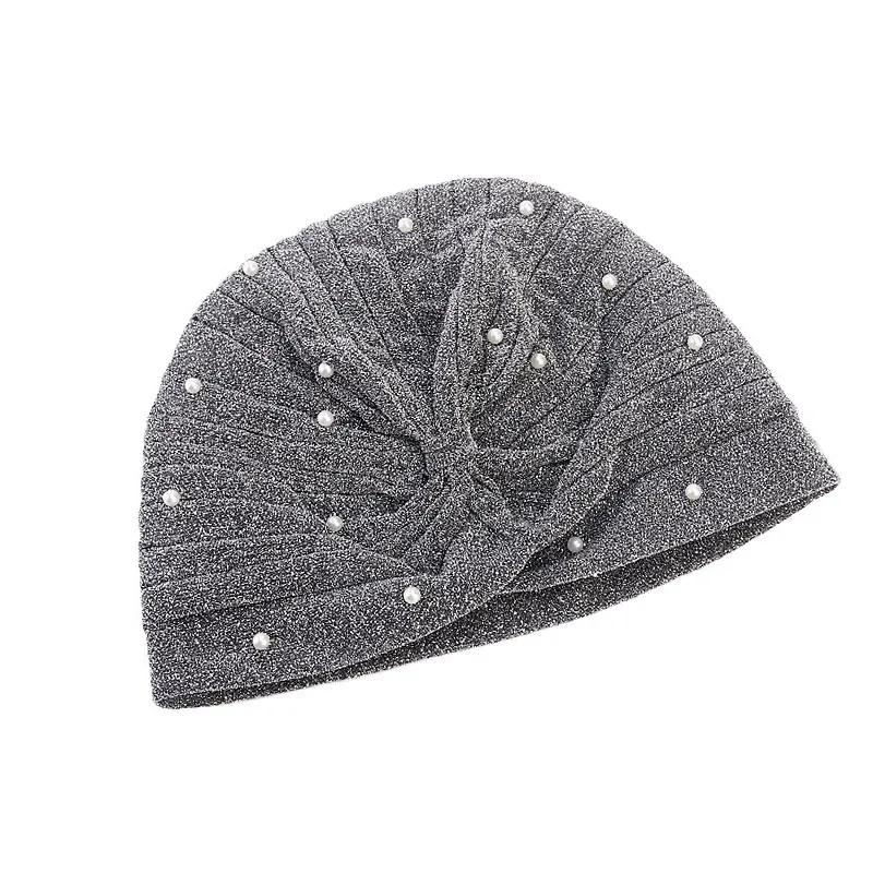 Женский Блестящий тюрбан шапка мусульманский хиджаб золотой Жемчуг украшенный