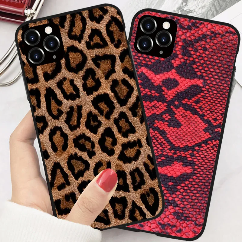 Мягкий ТПУ чехол для телефона из змеиной кожи iPhone 7 7Plus 6S 11 11PRO XS MAX XR яркий черный с