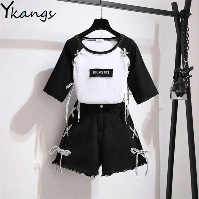 

Summer New Drawstring Women's Sports Tracksuit Home Suit for Splicing T-shirt Shorts with High Waist Suit with Shorts for Female