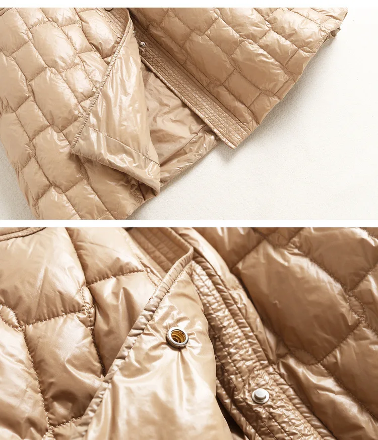 

Fashion Design Women Coats and Jackets Winter Geometric Thin Slim Belt 90% White Duck Down Covered Button Long Winter Coat