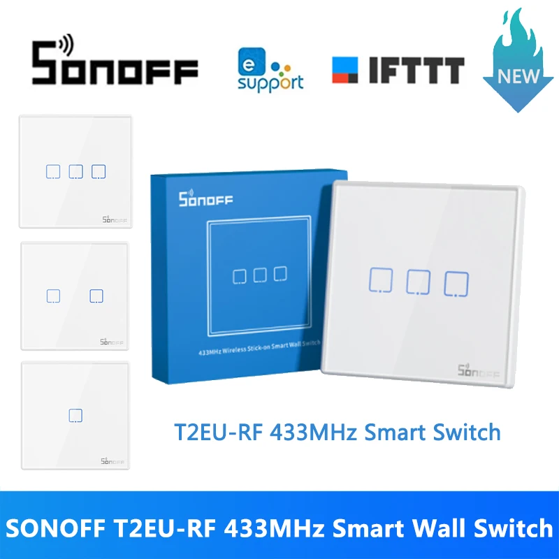 

SONOFF T2EU-RF 86 Type Smart Switch Sticky 433MHz Wireless RF Remote Control Wall Panel For 4CHPROR3 SlampherR2 TX Wall Switch