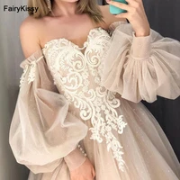 fairykissy dusty pink wedding dresses fairy puff long sleeve bridal dress lace beaded glitter shiny wedding gowns custom made
