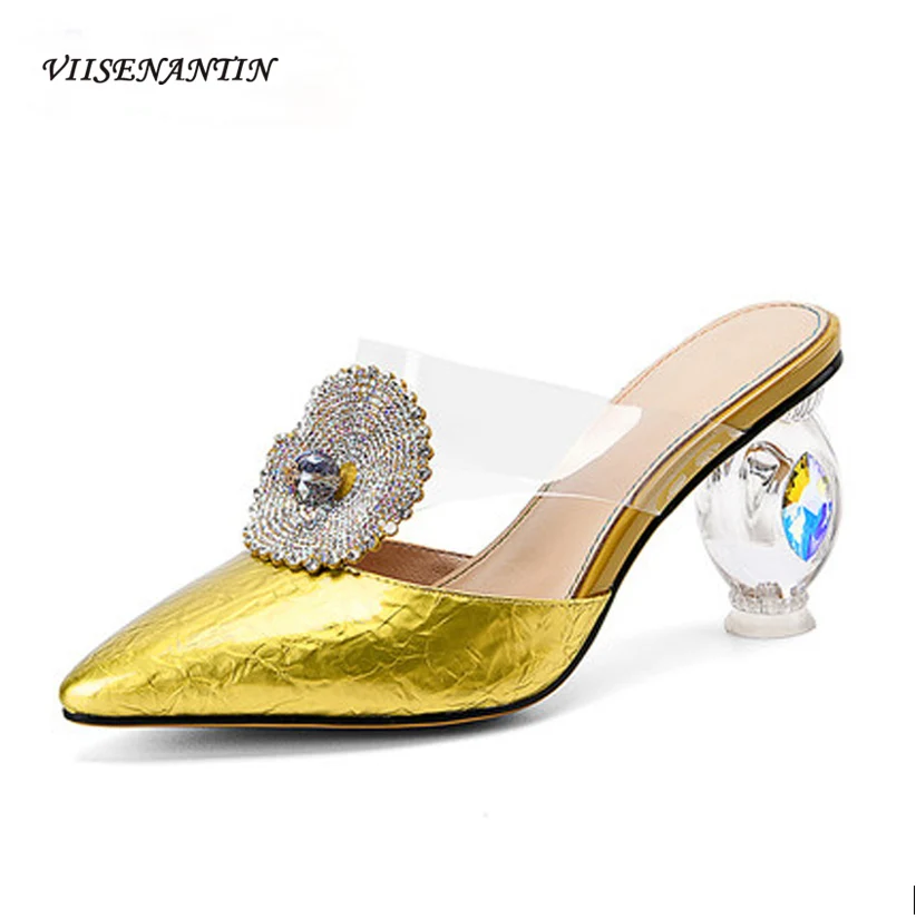 

Летние Стильные кожаные сандалии и тапочки с кристаллами, модные сандалии с цветочным принтом и острым кристаллом на каблуке, полутапочки н...