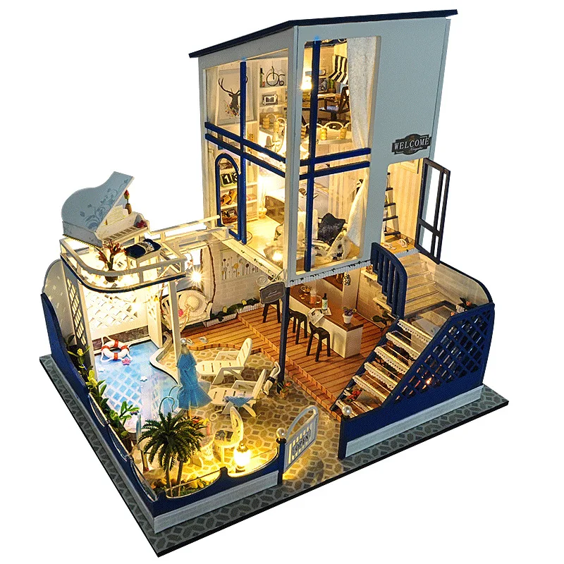DIY Wooden DollHouse Kits Miniature with Furniture Light Swimming Pool Big Villa Assembled Doll House for Children Adult Gifts