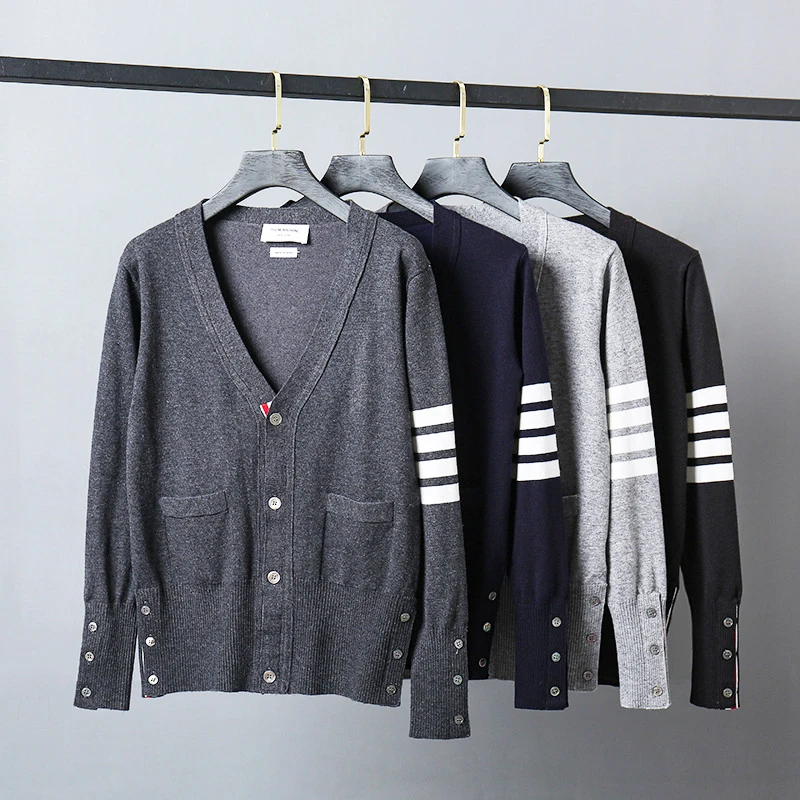 

2021 TB Fashion Brand Sweaters Men Slim Fit V-Neck Striped Cardigans Clothing Striped Cotton Wool Casual Coat England Style