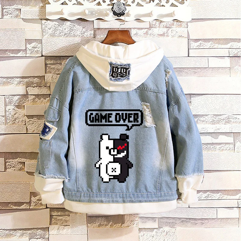 Monokuma Cosplay Costumes Danganronpa Denim Hoodies Jeans Jacket Halloween Adult Zipper Hooded Coat