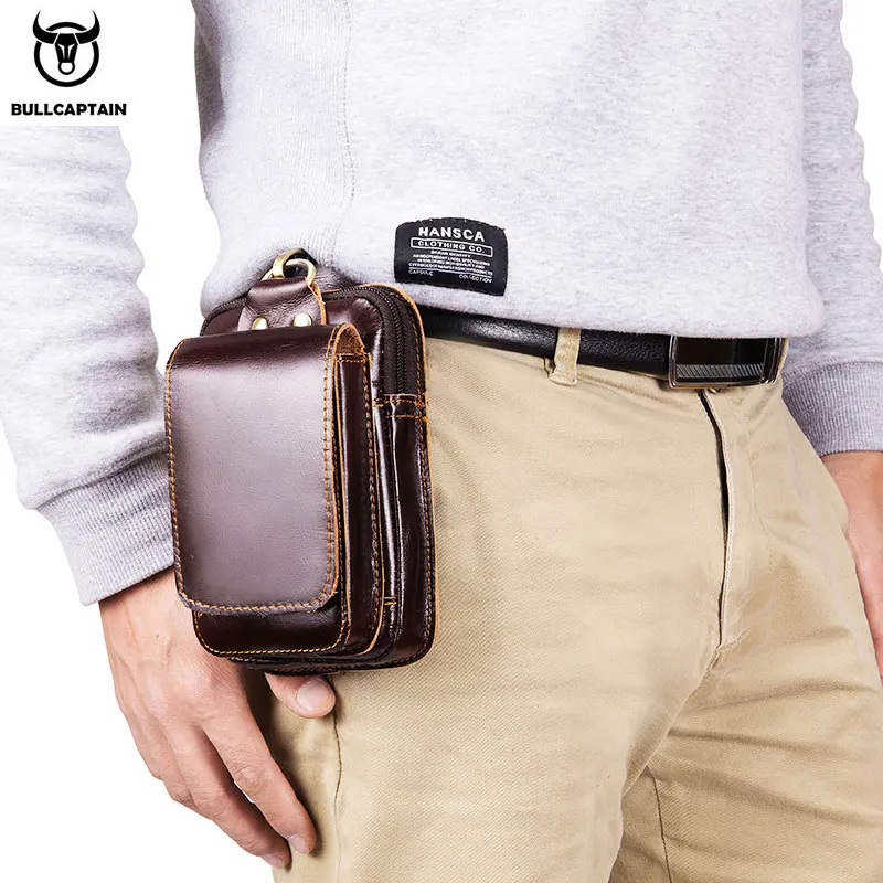 

High Quality Genuine Leather Men's Waist Belt Bag Fashion Small Hook Bum Bag Male Fanny Pack Case 5.5" Phone Pouch Trend 2021