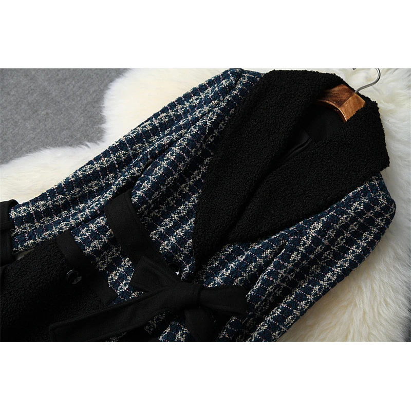 Runway Fashion Winter Tweed Woolen Jackets and Coats Women Elegant Lady Lace Up Vintage Long Wool Blend Overcoat Outerwear