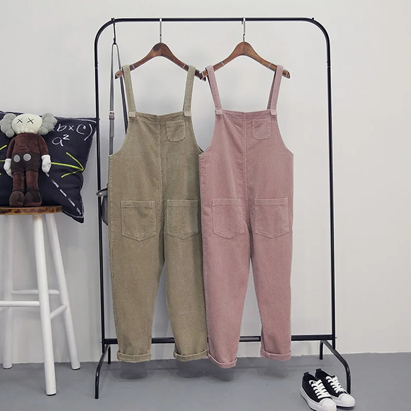 

Casual Loose Corduroy Kawaii Jumpsuit Japan Style Soft Ankle Length Suspenders Hip Hop Ripped Dancing Overalls