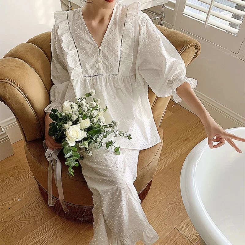 Женские мягкие хлопковые Пижамные комплекты в горошек Белые Повседневные пижамы