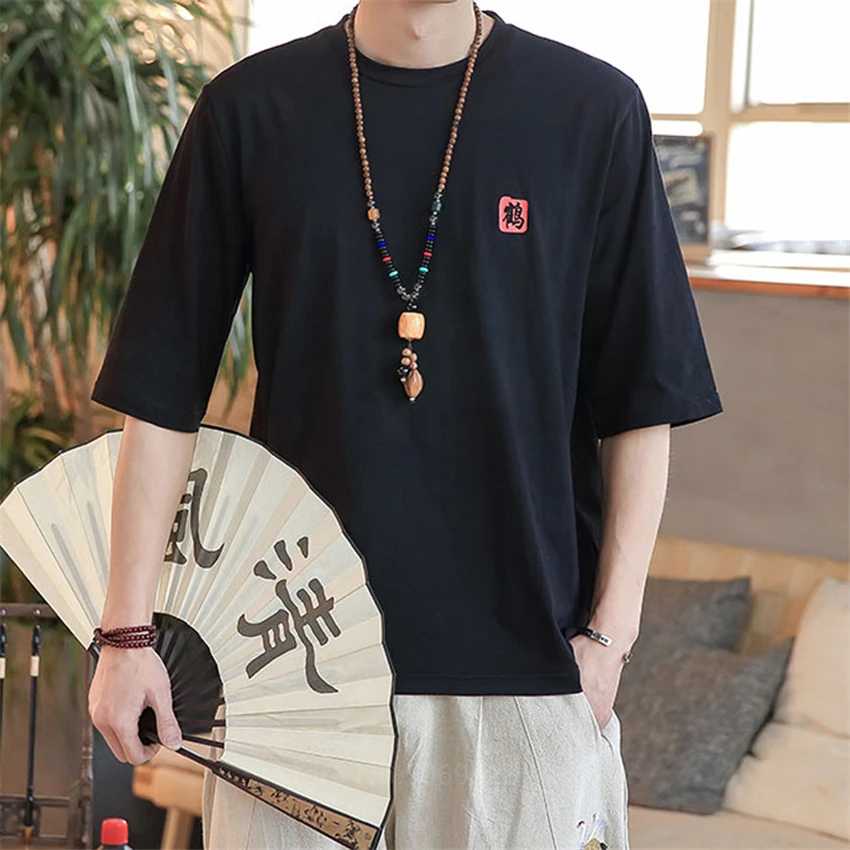 

Traditional Chinese Style Tops Men T-Shirt Clothes Hanfu Short Sleeve Cheongsam Top Crane Loose Large Size Trend National Print
