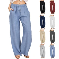 women wide leg pants summer casual solid color cotton linen high waist long straight pants female loose ankle length trousers