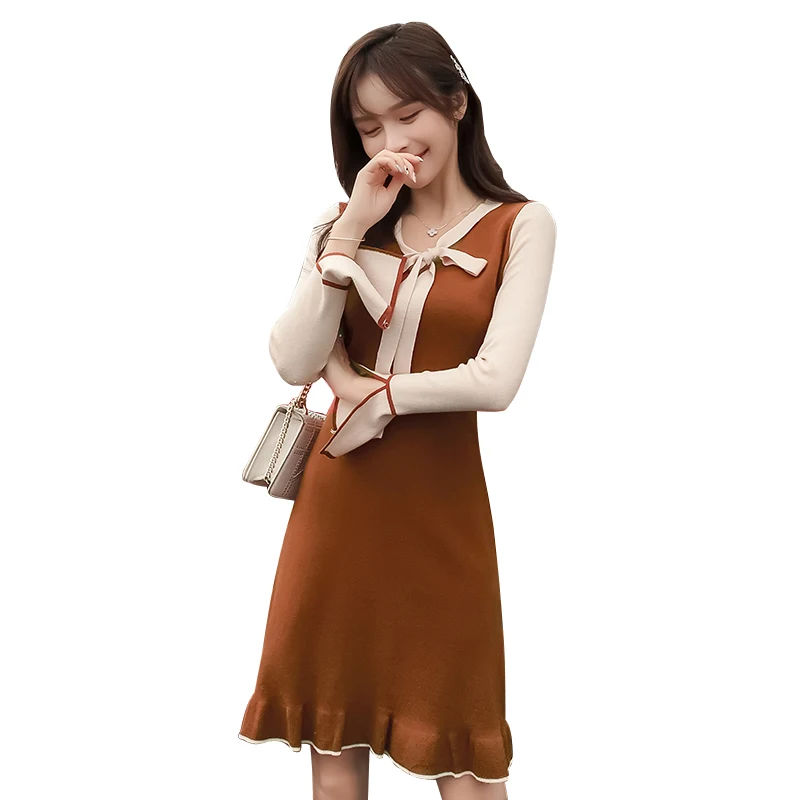 Новинка сезон осень-зима трикотажные платья с длинными рукавами в корейском