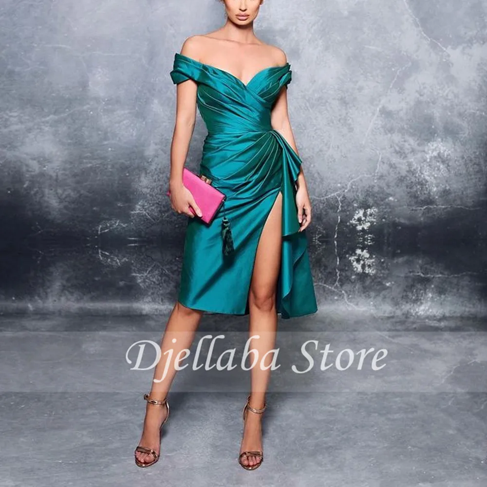 

Elegant Evening Dresses Side Split Off Shoulder Knee Length Formal Prom Gowns Celebrity Party Dresses Arabic Dubai 2021
