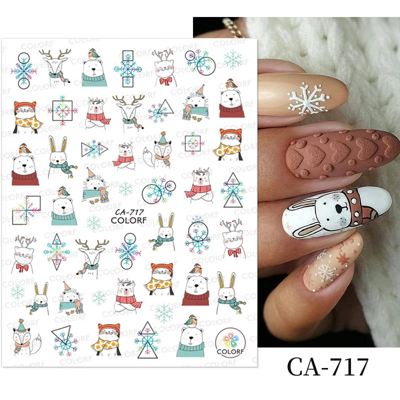 Christmas Xmas 3D Nail Stickers Decals Snowflakes Elk Bear Transfer Art Self-Adhesive Decoration | Красота и здоровье