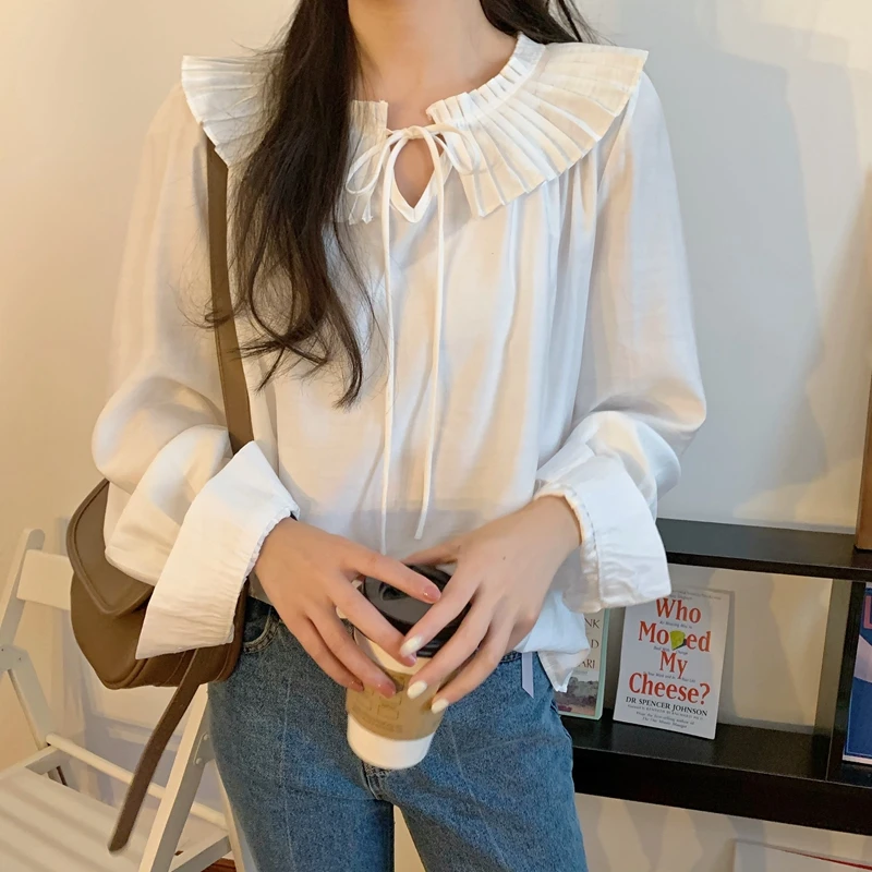 

Лидер продаж 2021, осенние женские рубашки, Однотонный женский топ с круглым воротником и длинными рукавами