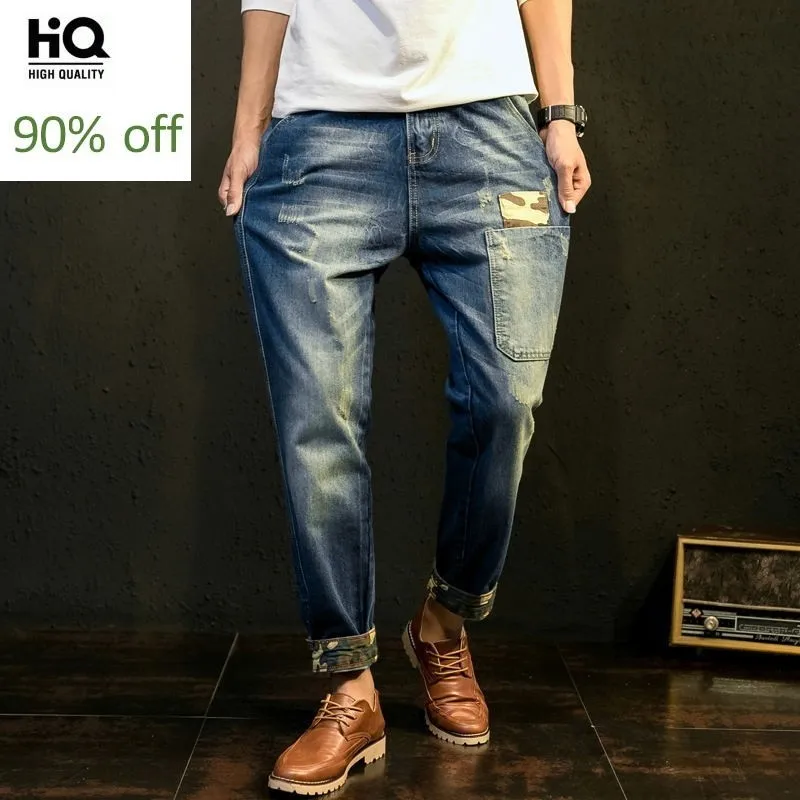 Джинсы мужские на молнии свободные штаны в стиле Харадзюку рваные брюки милитари