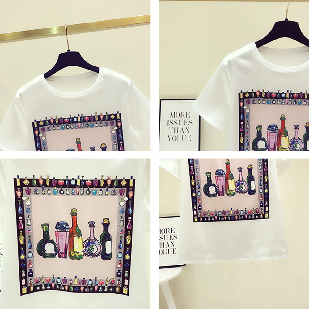 

Fashion Cartoon Print Short Sleeve Rayon T Shirt Woman Baggy Loose O-Neck S-2XL Thin White Tops Summer Clothes For Women