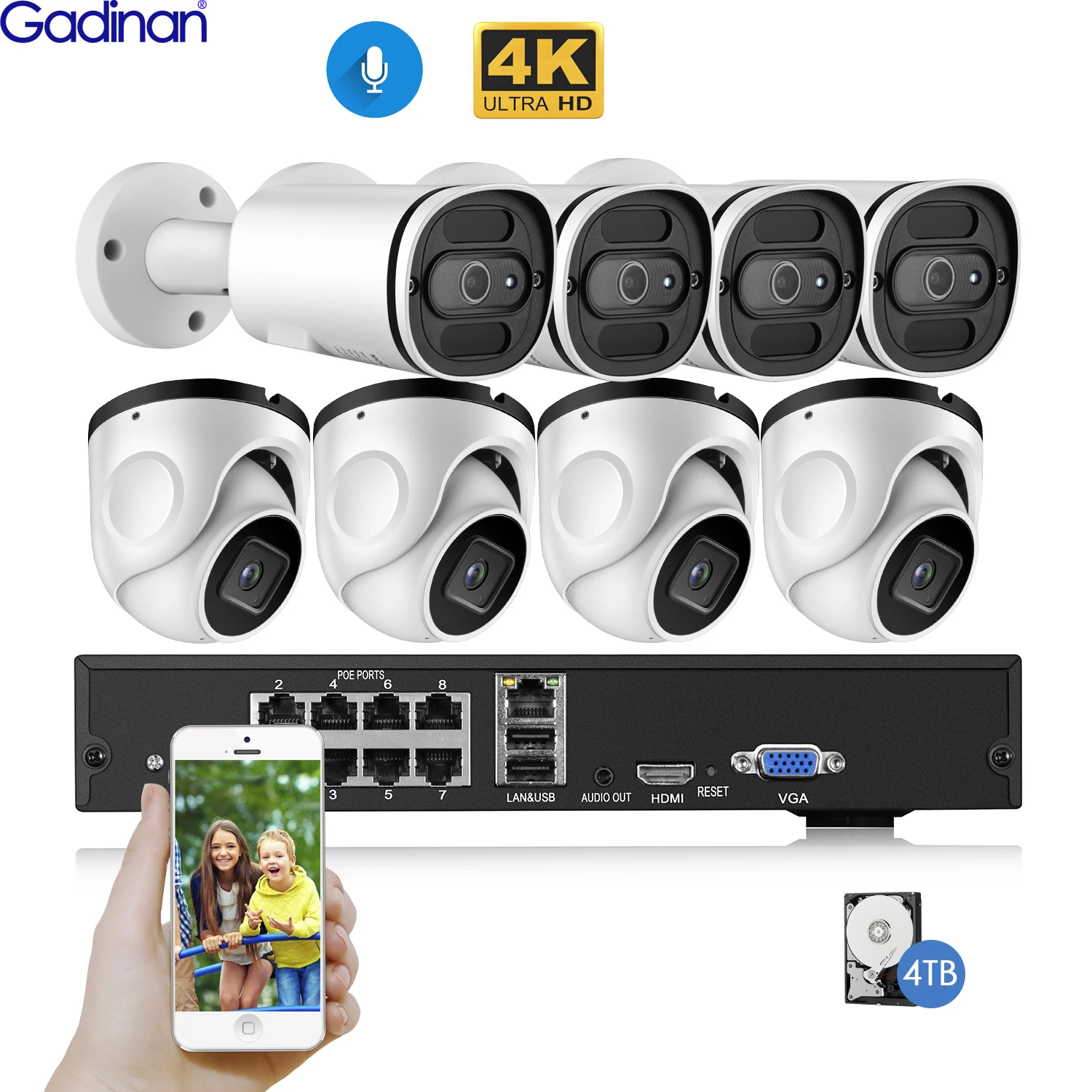 Gadinan 4K 8CH Ультра HD CCTV камера системы H.265 NVR комплект с SONY IMX415 8MP IP наружного
