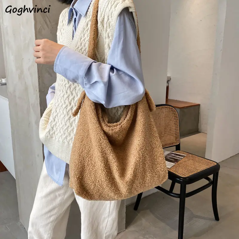 

Women Solid Fashion Top-Handle Bags Simple Large Capacity Designer Lambswool Soft Tote Bag Students Hasp Teens Female Handbag