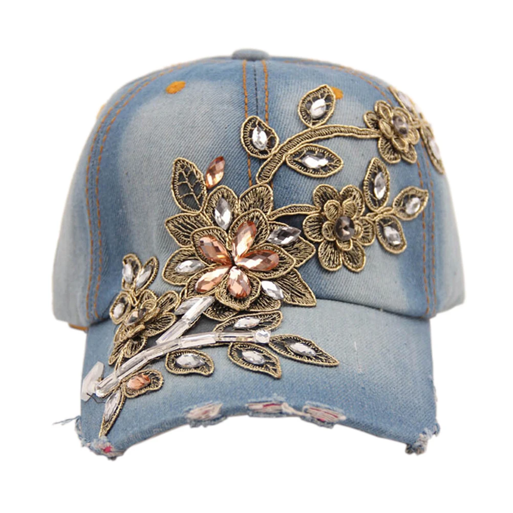 Повседневная полностью Хрустальная Цветочная джинсовая бейсболка со стразами в