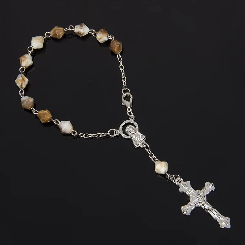 

6mm Acrylic Colorful Beads Cross Pendant Bracelets Jesus Religious Orthodox Catholic Charm Rosary Jewelry Gifts