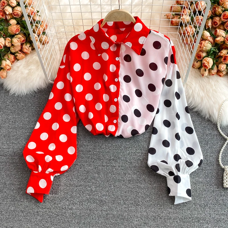 

Шикарная рубашка в стиле ретро с рукавами-фонариками, весна-осень 2021, женская рубашка в горошек контрастных цветов, Солнцезащитный шифоновы...