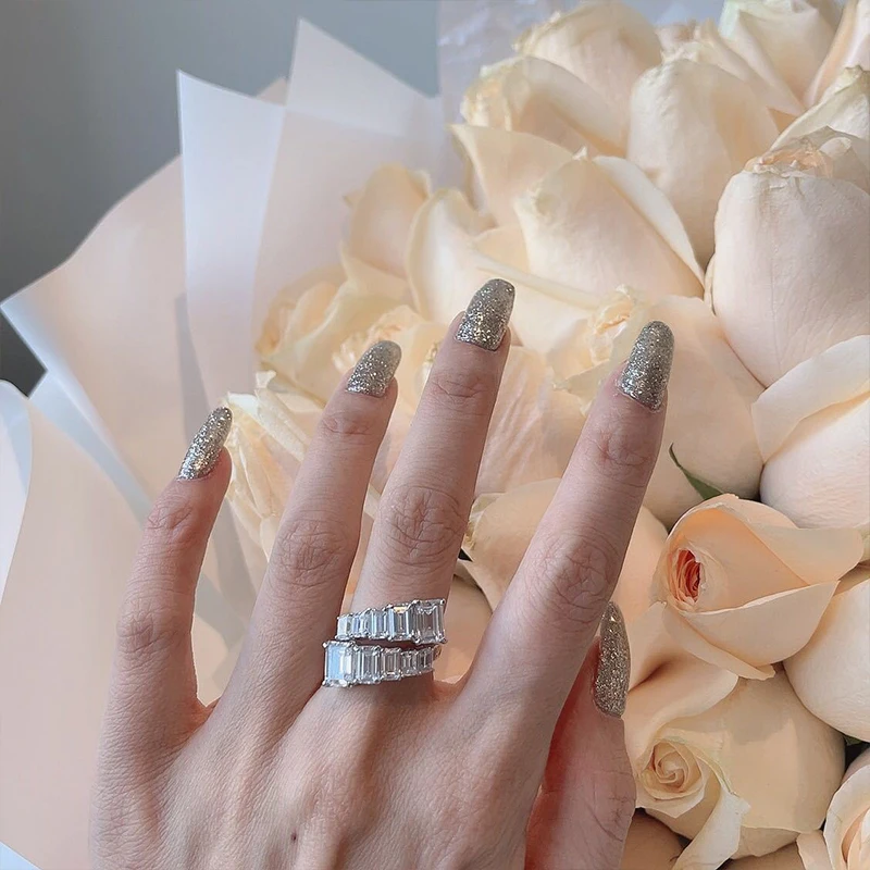 

2021 Advanced Asymmetrical Exquisite Bling Stone 925 Solid Sterling Silver Rings for Women Fashion Wedding Engagement Jewelry