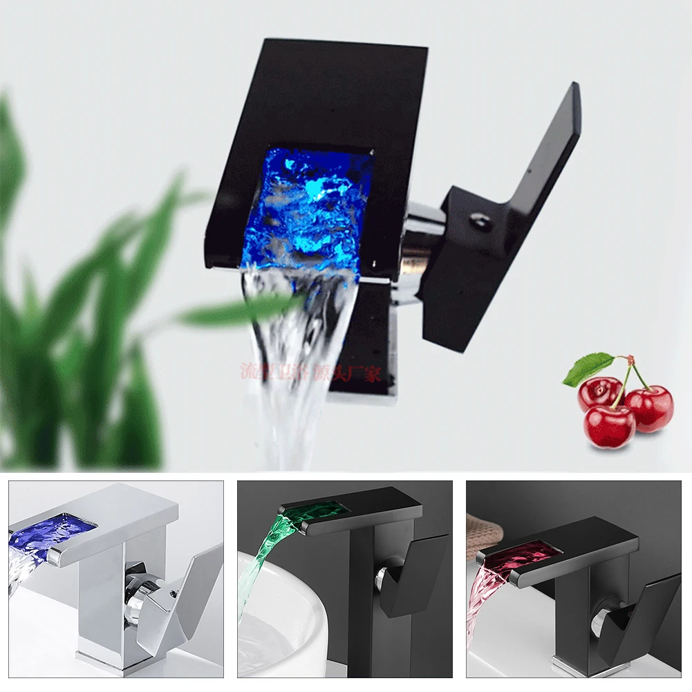 

Hydroelectric Power Modern Bathroom Faucet LED Light Kitchen Waterfall Temperature Color Changing Sink Lavatory Single Handle