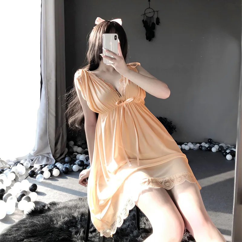 

Women Sexy Nightdress Perspective Fairy Sling Dress With Thong Large Size Erotic Lingerie Lace Deep V Nightgown Home Nightwear