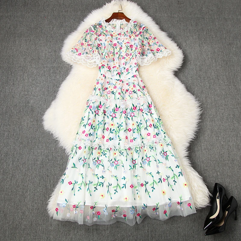 

New HIGH STREET Fashion 2021 Summer Designer Runway Dress Women's Short Sleeve Stunning Embroidery Gauze Dress