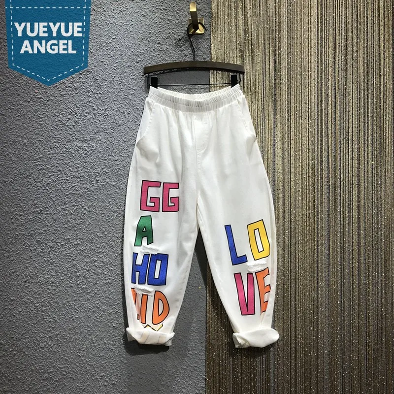 

Брюки-султанки женские с высокой талией, свободные рваные джинсы с дырками в стиле хип-хоп, повседневные брюки из денима с принтом, белые чер...