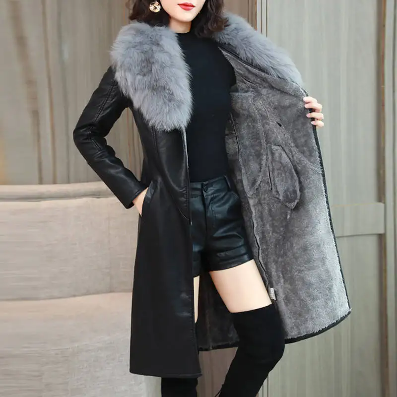 

Women's Leather Jacket for Winter 2020 New Plus Velvet Warm Slim Big Fur Collar Long Leather Coat Female Outerwear Y477