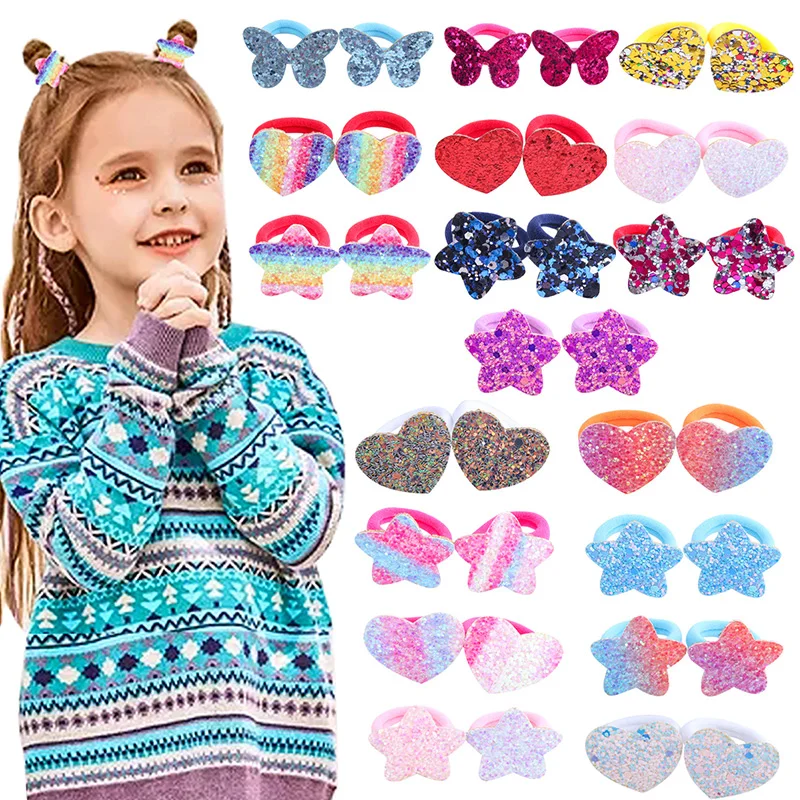 

2PCS Girls High Stretch Towel Ring Rainbow Gradient Five-pointed Star Love Sequined Rubber Band Hair Tie Wholesale S78
