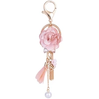 novel style fresh fabric flower tassel chain car keychain petal imitation pearls exquisite keyring female girl bag pendant gift