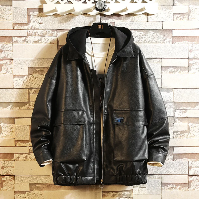 2019 Осенняя Свободная куртка из искусственной кожи с капюшоном ветром модная