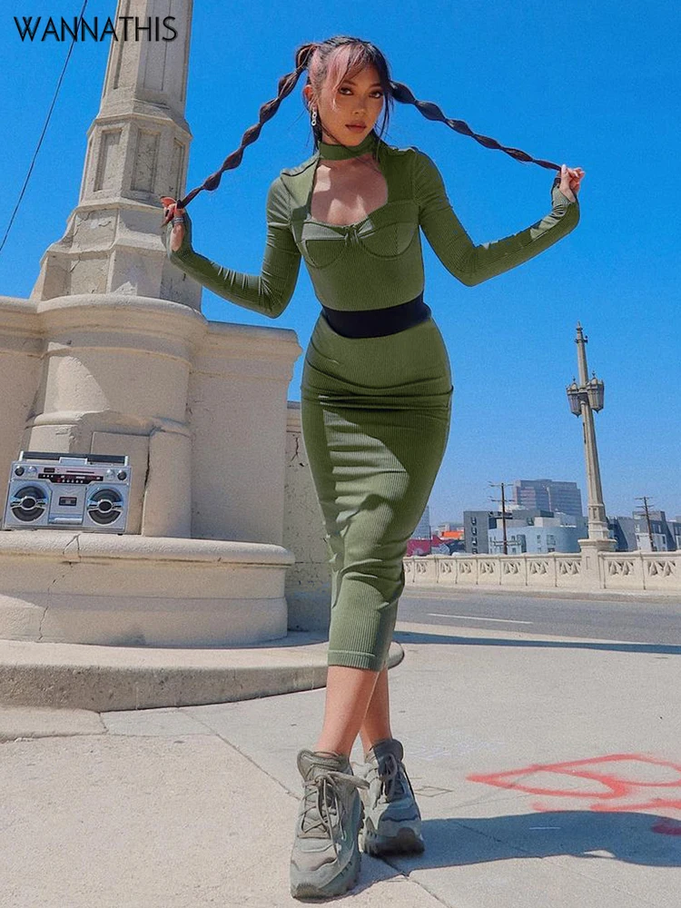 

WannaThis Hollow Out Dresses Women Long Sleeve Knit Sexy Patchwork Casual Green Bodycon Elegant Office Lady Midi Dress 2021 Fall