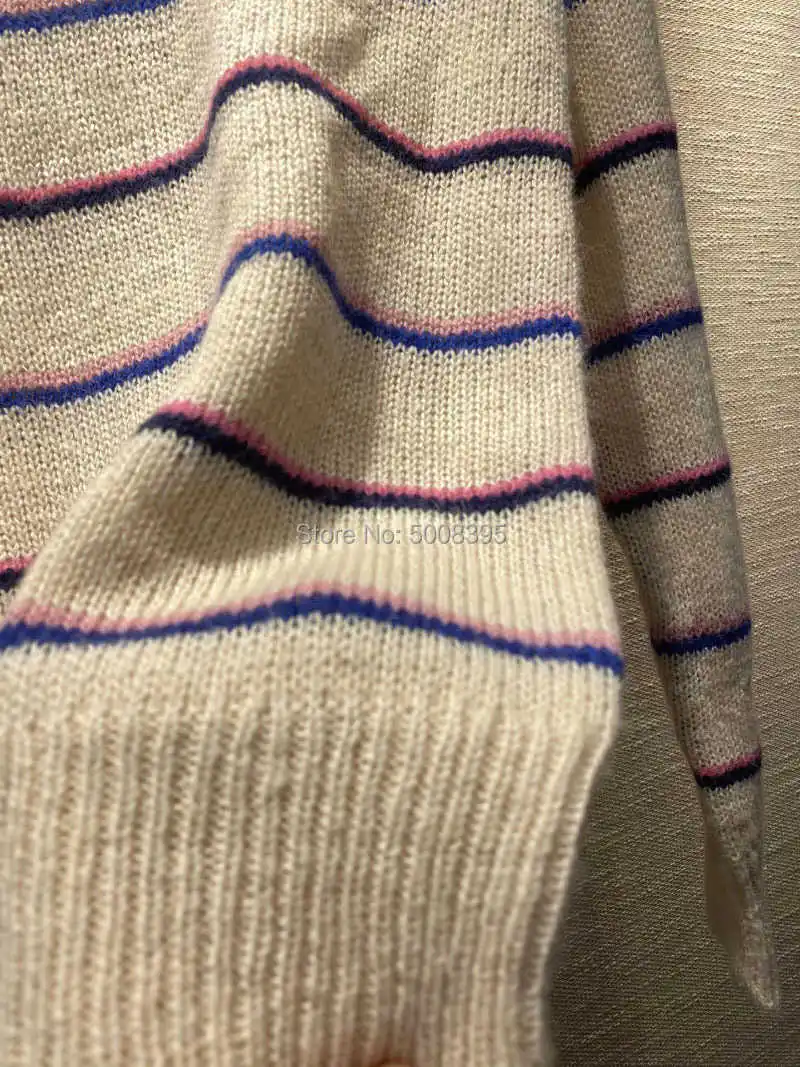 

Cream Pin Striped Wool Blend Sweater Round Neck Long Sleeves Jumper Fashion Knits 2021