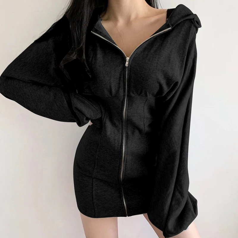 

Fashion Women Solid Long High-Waist Coat Long Sleeve V-Neck Fall Girl Tummy Control Hooded Side Pocket Clothes Casual Streetwear