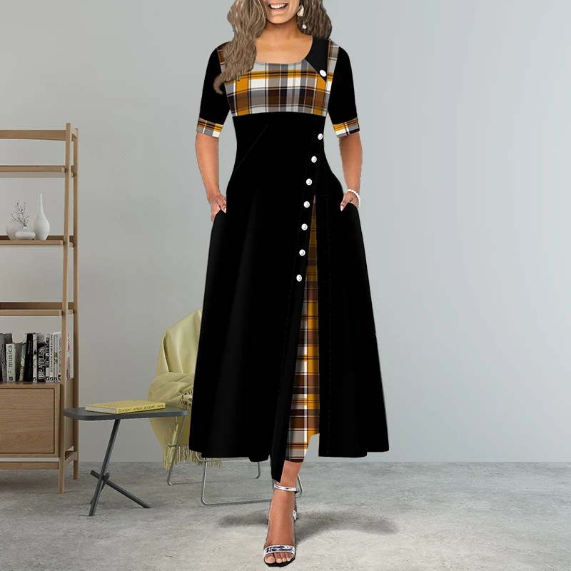 

New Fashion Women Elegant Half Sleeve Plaid Print Maxi Dress Autumn Vintage Round Neck High Waist Split Party Dress With Buttons