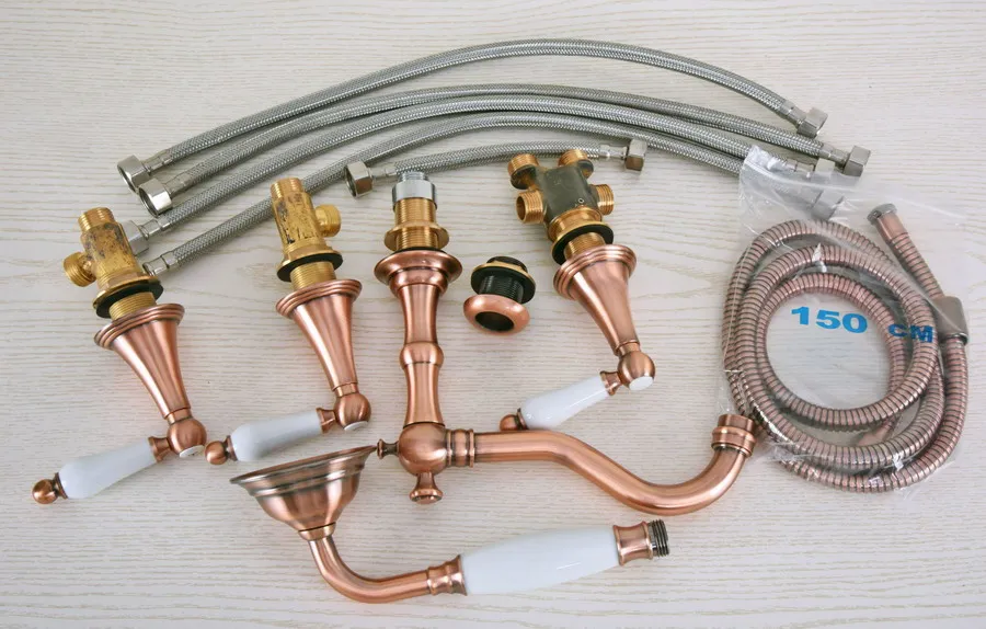 

Antique Red Copper Brass Widespread Deck-Mounted Tub 5 Holes Three Handles Bathroom Tub Sink Basin Faucet Tap Hand Spray mtf211