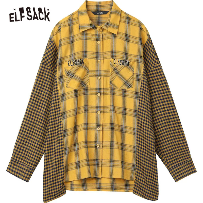 

ELFSACK Monkey King Print Plaid Single Breasted Casual Shirt Women,2021 Spring Vintage Embroidery Full Sleeve Ladeis Daily Top