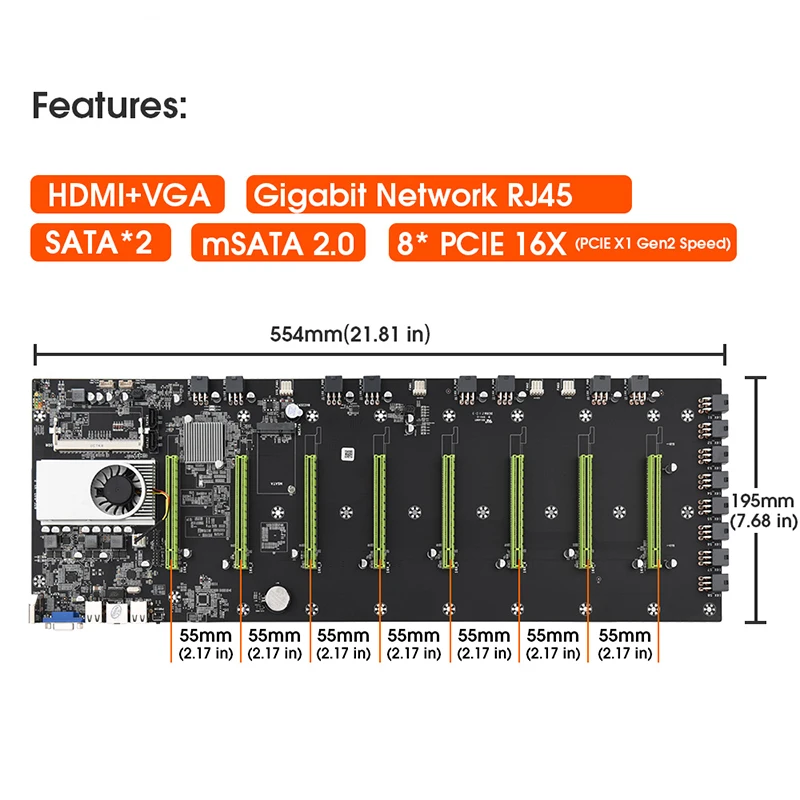 Материнская плата ETH для майнинга 8 GPU 55 мм (2 17 дюйма) расстояние с ЦП + 64 ГБ mSATA SDD Гб