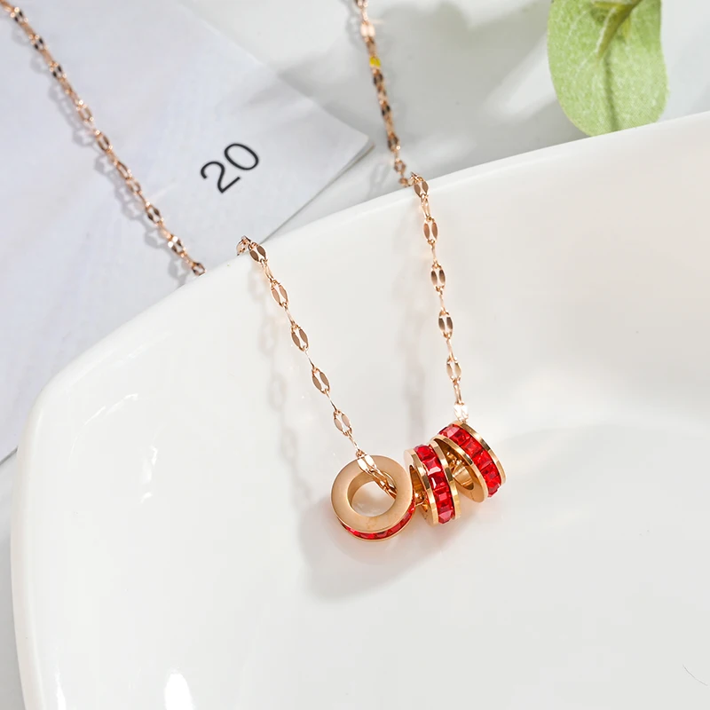 Korean Style Fashion Three Green Geometry Circular Zircon Crystal Pendant Women Necklaces Luxury Rose Gold Choker Chain Jewelry | Украшения
