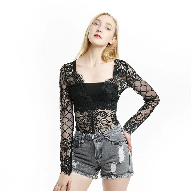 Jumpsuit Female Solid Color Bodycon Skinny Romper Bodysuit Women Lace Deep V-neck Long Sleeve Sexy Autumn Bottoming | Женская одежда